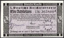 3. GERMANY 1/8 LOTTERY TICKET REICHSLOTTERIE 1940 - WW2 - SERIES: 365800D - #A3