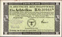 11. GERMANY 1/8 LOTTERY TICKET REICHSLOTTERIE 1944 - WW2 - SERIES: 30944H - #B9
