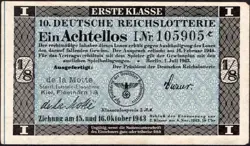 10. GERMANY 1/8 LOTTERY TICKET REICHSLOTTERIE 1943 - WW2 - SERIES: 105905 - #B9