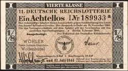11. GERMANY 1/8 LOTTERY TICKET REICHSLOTTERIE 1944 - WW2 - SERIES: 189933A- #B20