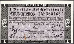3. GERMANY 1/8 LOTTERY TICKET REICHSLOTTERIE 1940 - WW2 - SERIES: 365766E - #A3