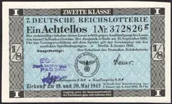 7. GERMANY 1/8 LOTTERY TICKET REICHSLOTTERIE 1942 - WW2 - SERIES: 372826 G- #F30