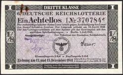 6. GERMANY 1/8 LOTTERY TICKET REICHSLOTTERIE 1941 -WW2- SERIES: 370784C -#D3