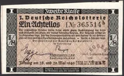 3. GERMANY 1/8 LOTTERY TICKET REICHSLOTTERIE 1940 - WW2 - SERIES: 365514B - #K47