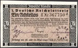 3. GERMANY 1/8 LOTTERY TICKET REICHSLOTTERIE 1940 - WW2 - SERIES: 367750D - #K47
