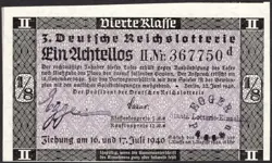 3. GERMANY 1/8 LOTTERY TICKET REICHSLOTTERIE 1940 - WW2 - SERIES: 367750D- #H88