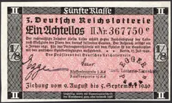 3. GERMANY 1/8 LOTTERY TICKET REICHSLOTTERIE 1940 - WW2 - SERIES: 367750E- #K40