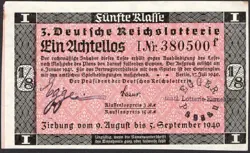 3. GERMANY 1/8 LOTTERY TICKET REICHSLOTTERIE 1940 - WW2 - SERIES: 380500F - #A3