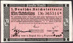 3. GERMANY 1/8 LOTTERY TICKET REICHSLOTTERIE 1940 - WW2 - SERIES: 365514A - #K47