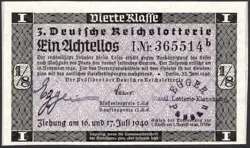 3. GERMANY 1/8 LOTTERY TICKET REICHSLOTTERIE 1940 - WW2 - SERIES: 365514B - #F24