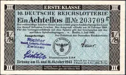 10. GERMANY 1/8 LOTTERY TICKET REICHSLOTTERIE 1943 -WW2- SERIES: 203709G -#A34D