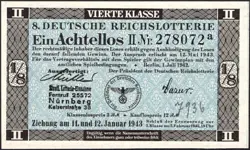 8. GERMANY 1/8 LOTTERY TICKET REICHSLOTTERIE 1943 - WW2 - SERIES: 278072A - #F56