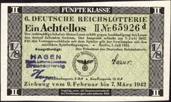 6. GERMANY 1/8 LOTTERY TICKET REICHSLOTTERIE 1942 - WW2 -SERIES: 65926D- #B22