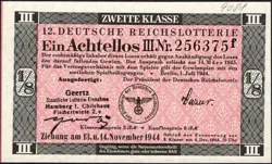 12. GERMANY 1/8 LOTTERY TICKET REICHSLOTTERIE 1944 - WW2 - SERIES: 256375F- #B18