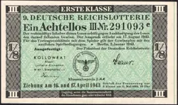 9. GERMANY 1/8 LOTTERY TICKET REICHSLOTTERIE 1943 -WW2- SERIES: 291093E - #F66