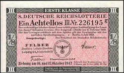8. GERMANY 1/8 LOTTERY TICKET REICHSLOTTERIE 1942 - WW2 - SERIES: 226195 - #B28