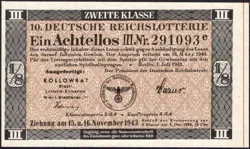 10. GERMANY 1/8 LOTTERY TICKET REICHSLOTTERIE 1943 -WW2- SERIES: 291093E - #F63