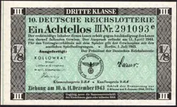 10. GERMANY 1/8 LOTTERY TICKET REICHSLOTTERIE 1943 -WW2- SERIES: 291093E - #F62