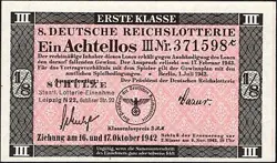 8. GERMANY 1/8 LOTTERY TICKET REICHSLOTTERIE 1942 - WW2 - SERIES: 371598 - #B28