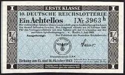 10. GERMANY 1/8 LOTTERY TICKET REICHSLOTTERIE 1943 - WW2 - SERIES: 3963H - #C63