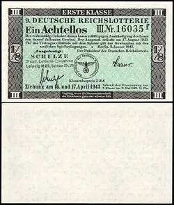 9. GERMANY 1/8 LOTTERY TICKET REICHSLOTTERIE 1943 - WW2 - SERIES: 16035F - #A31