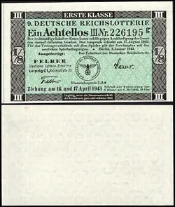 9. GERMANY 1/8 LOTTERY TICKET REICHSLOTTERIE 1943 - WW2 - SERIES: 226195G - #A31