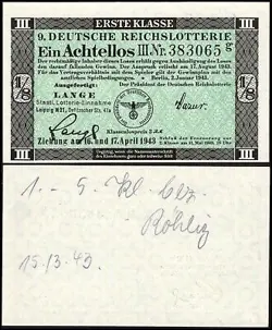 9. GERMANY 1/8 LOTTERY TICKET REICHSLOTTERIE 1943 - WW2 - SERIES: 383065G - #A31