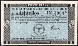 10. GERMANY 1/8 LOTTERY TICKET REICHSLOTTERIE 1943 - WW2 - SERIES: 3964A - #C63
