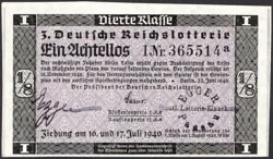 3. GERMANY 1/8 LOTTERY TICKET REICHSLOTTERIE 1940 - WW2 - SERIES: 365514A - #F21