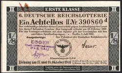 6. GERMANY 1/8 LOTTERY TICKET REICHSLOTTERIE 1941 - WW2 - SERIES: 390860D - #D75