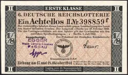 6. GERMANY 1/8 LOTTERY TICKET REICHSLOTTERIE 1941 - WW2 - SERIES: 398859F - #D61