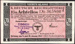 6. GERMANY 1/8 LOTTERY TICKET REICHSLOTTERIE 1942 - WW2 - SERIES: 365800D - #D61