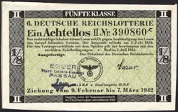 6. GERMANY 1/8 LOTTERY TICKET REICHSLOTTERIE 1942 - WW2 - SERIES:390860 C - #D86