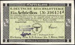 6. GERMANY 1/8 LOTTERY TICKET REICHSLOTTERIE 1942 - WW2 - SERIES: 396474D - #D75