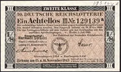 10. GERMANY 1/8 LOTTERY TICKET REICHSLOTTERIE 1943 -WW2- SERIES: 129139A -#B70