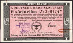 6. GERMANY 1/8 LOTTERY TICKET REICHSLOTTERIE 1942 - WW2 - SERIES:396474 E- #D86
