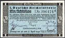 3. GERMANY 1/8 LOTTERY TICKET REICHSLOTTERIE 1940 - WW2 - SERIES: 396474D - #F24