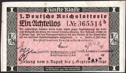 3. GERMANY 1/8 LOTTERY TICKET REICHSLOTTERIE 1940 - WW2 - SERIES: 365514B - #F10