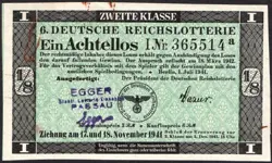 6. GERMANY 1/8 LOTTERY TICKET REICHSLOTTERIE 1941 - WW2 - SERIES: 365514A - #D86