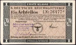 6. GERMANY 1/8 LOTTERY TICKET REICHSLOTTERIE 1941 - WW2 - SERIES:76477 C - #D86
