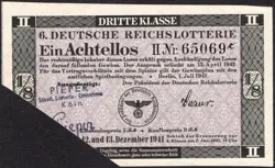 6. GERMANY 1/8 LOTTERY TICKET REICHSLOTTERIE 1941 -WW2- SERIES: 65069C -#B70