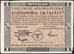 7. GERMANY 1/4 LOTTERY TICKET REICHSLOTTERIE 1942 - WW2 - SERIES: 144314 - #C18