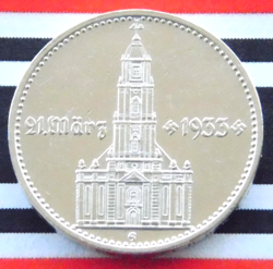 GERMAN COIN 2 REICHSMARK 1934 G POTSDAM CHURCH SWASTIKA DATE SILVER 3RD WW2 MARK