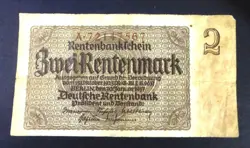 WW2 GERMAN 2 RENTENMARK 1937 - THIRD REICH NAZI ERA BANK NOTE