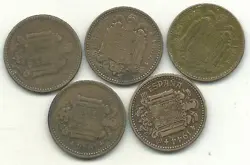 LOT OF 5 SPAIN 1944 1 ONE PESITA WORLD WAR 2 ERA COINS-JUN409