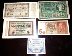 EXCEPTIONAL WW2 GERMANY REICHSBANKNOTE PAPER CURRENCY DENOMINATIONS LOT (5)