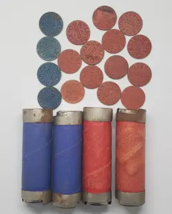 LOT OF 17 WW2 RATION TOKENS AND 4 TOKEN SPRING TUBE HOLDERS