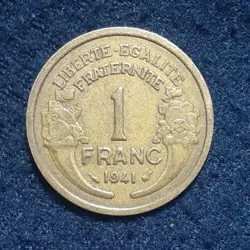 1941 FRANCE 1 FRANC MARIANNE HEAD CORNUCOPIA WORLD WAR 2 ERA 23MM COIN
