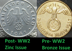 NAZI GERMANY PRE AND POST WW2 RARE COIN SET 5 REICHSPFENNIG THIRD REICH PFENNIG