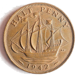 1942 GREAT BRITAIN HALF PENNY - AU WW2 DATE EXCELLENT COIN - LOT #N1